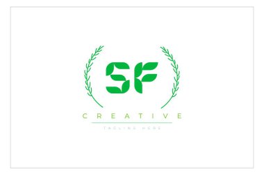 SF Green Minimalist Logo Tasarımı Doğal Yapraklar ve Metin Elementleri. Taze doğa ve sağlıklı yaprak logosu tasarımı.