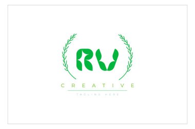 RV Green Minimalist Logo Tasarımı Doğal Yapraklar ve Metin Elementleri. Taze doğa ve sağlıklı yaprak logosu tasarımı.