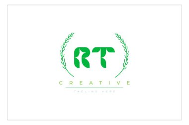 RT Green Minimalist Logo Tasarımı Doğal Yapraklar ve Metin Elementleri. Taze doğa ve sağlıklı yaprak logosu tasarımı.