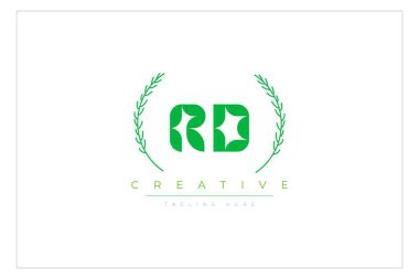 RD Yeşil Minimalist Logo Tasarımı Doğal Yapraklar ve Metin Elementleri. Taze doğa ve sağlıklı yaprak logosu tasarımı.
