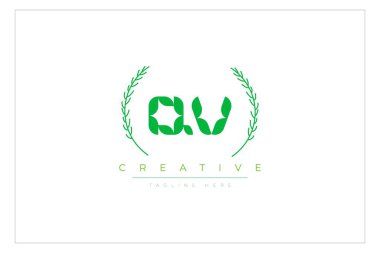 QV Green Minimalist Logo Tasarımı Doğal Yapraklar ve Metin Elementleri. Taze doğa ve sağlıklı yaprak logosu tasarımı.