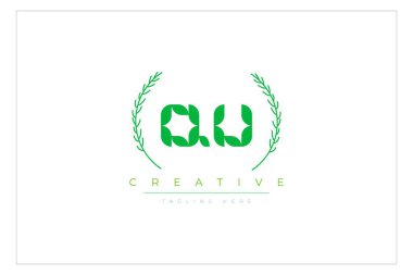 QU Yeşil Minimalist Logo Tasarımı Doğal Yapraklar ve Metin Elementleri. Taze doğa ve sağlıklı yaprak logosu tasarımı.