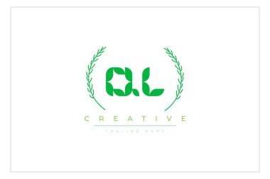 QL Yeşil Minimalist Logo Tasarımı Doğal Yapraklar ve Metin Elementleri. Taze doğa ve sağlıklı yaprak logosu tasarımı.