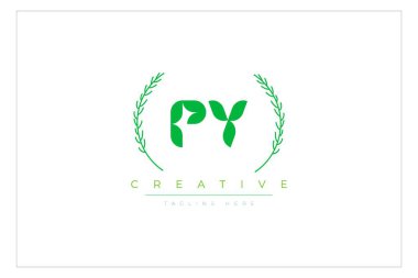 Doğal Yapraklar ve Metin Elementleri içeren PY Yeşil Minimalist Logo Tasarımı. Taze doğa ve sağlıklı yaprak logosu tasarımı.