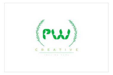 PW Yeşil Minimalist Logo Tasarımı Doğal Yapraklar ve Metin Elementleri. Taze doğa ve sağlıklı yaprak logosu tasarımı.