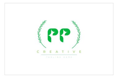 PP Green Minimalist Logo Tasarımı Doğal Yapraklar ve Metin Elementleri. Taze doğa ve sağlıklı yaprak logosu tasarımı.
