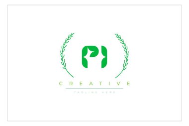 PI Green Minimalist Logo Tasarımı Doğal Yapraklar ve Metin Elementleri. Taze doğa ve sağlıklı yaprak logosu tasarımı.