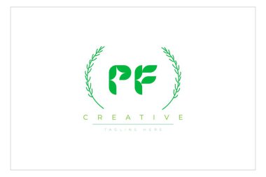PF Yeşil Minimalist Logo Tasarımı Doğal Yapraklar ve Metin Elementleri. Taze doğa ve sağlıklı yaprak logosu tasarımı.