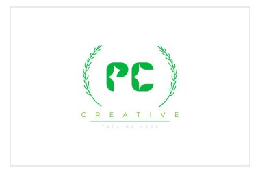 PC Green Minimalist Logo Tasarımı Doğal Yapraklar ve Metin Elementleri. Taze doğa ve sağlıklı yaprak logosu tasarımı.