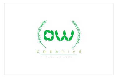 OW Green Minimalist Logo Tasarımı Doğal Yapraklar ve Metin Elementleri. Taze doğa ve sağlıklı yaprak logosu tasarımı.