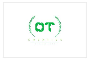 OT Green Minimalist Logo Tasarımı Doğal Yapraklar ve Metin Elementleri. Taze doğa ve sağlıklı yaprak logosu tasarımı.