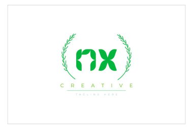 NX Green Minimalist Logo Tasarımı Doğal Yapraklar ve Metin Elementleri. Taze doğa ve sağlıklı yaprak logosu tasarımı.