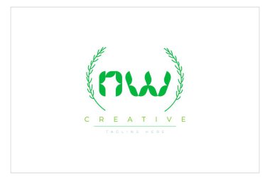 NW Yeşil Minimalist Logo Tasarımı Doğal Yapraklar ve Metin Elementleri. Taze doğa ve sağlıklı yaprak logosu tasarımı.