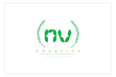 NV Green Minimalist Logo Tasarımı Doğal Yapraklar ve Metin Elementleri. Taze doğa ve sağlıklı yaprak logosu tasarımı.