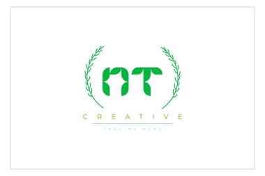 NT Green Minimalist Logo Tasarımı Doğal Yapraklar ve Metin Elementleri. Taze doğa ve sağlıklı yaprak logosu tasarımı.