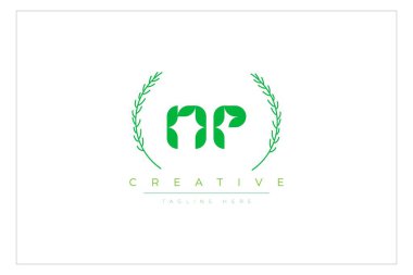 NP Yeşil Minimalist Logo Tasarımı Doğal Yapraklar ve Metin Elementleri. Taze doğa ve sağlıklı yaprak logosu tasarımı.