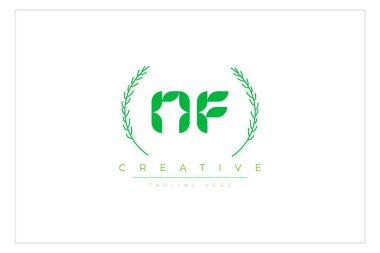 Doğal Yapraklar ve Metin Elementleri içeren NF Yeşil Minimalist Logo Tasarımı. Taze doğa ve sağlıklı yaprak logosu tasarımı.