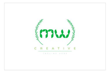 MW Yeşil Minimalist Logo Tasarımı Doğal Yapraklar ve Metin Elementleri. Taze doğa ve sağlıklı yaprak logosu tasarımı.