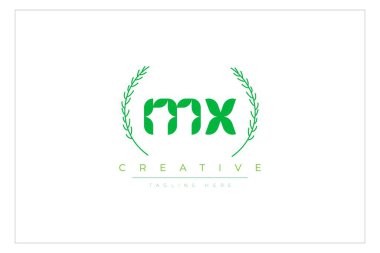 MX Green Minimalist Logo Tasarımı Doğal Yapraklar ve Metin Elementleri. Taze doğa ve sağlıklı yaprak logosu tasarımı.