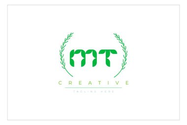 MT Green Minimalist Logo Tasarımı Doğal Yapraklar ve Metin Elementleri. Taze doğa ve sağlıklı yaprak logosu tasarımı.