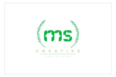 MS Green Minimalist Logo Tasarımı Doğal Yapraklar ve Metin Elementleri. Taze doğa ve sağlıklı yaprak logosu tasarımı.