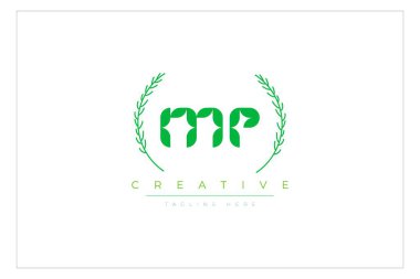 MP Yeşil Minimalist Logo Tasarımı Doğal Yapraklar ve Metin Elementleri. Taze doğa ve sağlıklı yaprak logosu tasarımı.