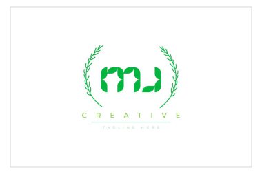 MJ Green Minimalist Logo Tasarımı Doğal Yapraklar ve Metin Elementleri. Taze doğa ve sağlıklı yaprak logosu tasarımı.