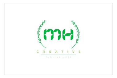 MH Green Minimalist Logo Tasarımı Doğal Yapraklar ve Metin Elementleri. Taze doğa ve sağlıklı yaprak logosu tasarımı.