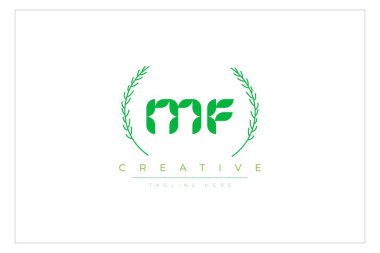 MF Yeşil Minimalist Logo Tasarımı Doğal Yapraklar ve Metin Elementleri. Taze doğa ve sağlıklı yaprak logosu tasarımı.