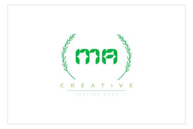 MA Green Minimalist Logo Tasarımı Doğal Yapraklar ve Metin Elementleri. Taze doğa ve sağlıklı yaprak logosu tasarımı.