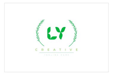 LY Yeşil Minimalist Logo Tasarımı Doğal Yapraklar ve Metin Elementleri. Taze doğa ve sağlıklı yaprak logosu tasarımı.