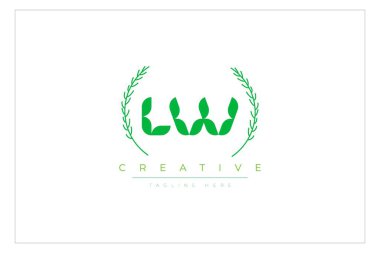 LW Yeşil Minimalist Logo Tasarımı Doğal Yapraklar ve Metin Elementleri. Taze doğa ve sağlıklı yaprak logosu tasarımı.