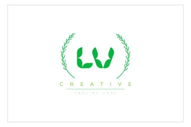 LV Green Minimalist Logo Tasarımı Doğal Yapraklar ve Metin Elementleri. Taze doğa ve sağlıklı yaprak logosu tasarımı.