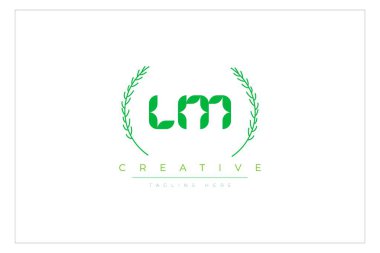 LM Yeşil Minimalist Logo Tasarımı Doğal Yapraklar ve Metin Elementleri. Taze doğa ve sağlıklı yaprak logosu tasarımı.