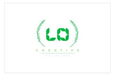 LO Green Minimalist Logo Tasarımı Doğal Yapraklar ve Metin Elementleri. Taze doğa ve sağlıklı yaprak logosu tasarımı.
