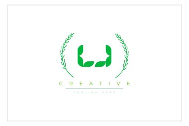 LJ Green Minimalist Logo Tasarımı Doğal Yapraklar ve Metin Elementleri. Taze doğa ve sağlıklı yaprak logosu tasarımı.