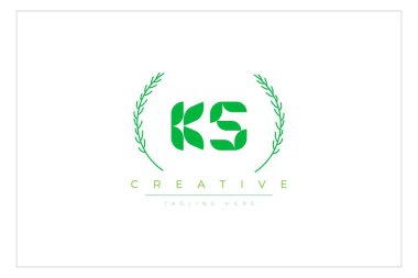 KS Green Minimalist Logo Tasarımı Doğal Yapraklar ve Metin Elementleri. Taze doğa ve sağlıklı yaprak logosu tasarımı.