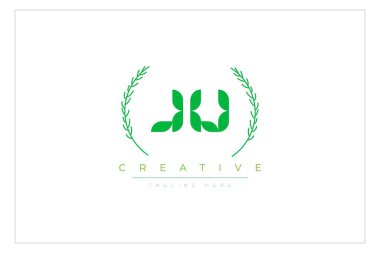 JU Yeşil Minimalist Logo Tasarımı Doğal Yapraklar ve Metin Elementleri. Taze doğa ve sağlıklı yaprak logosu tasarımı.
