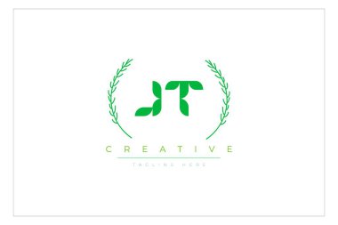 JT Green Minimalist Logo Tasarımı Doğal Yapraklar ve Metin Elementleri. Taze doğa ve sağlıklı yaprak logosu tasarımı.