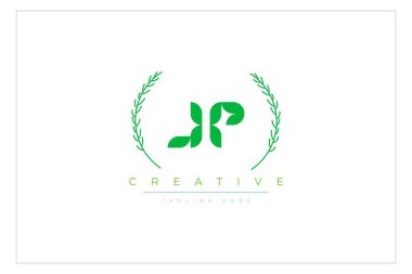 JP Green Minimalist Logo Tasarımı Doğal Yapraklar ve Metin Elementleri. Taze doğa ve sağlıklı yaprak logosu tasarımı.