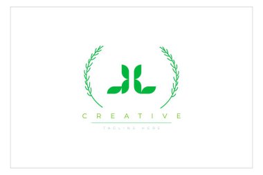 JL Green Minimalist Logo Tasarımı Doğal Yapraklar ve Metin Elementleri. Taze doğa ve sağlıklı yaprak logosu tasarımı.