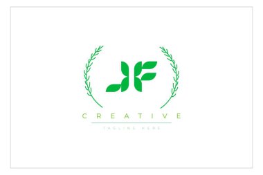 JF Green Minimalist Logo Tasarımı Doğal Yapraklar ve Metin Elementleri. Taze doğa ve sağlıklı yaprak logosu tasarımı.