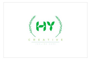 Doğal Yapraklar ve Metin Elementleri içeren HY Yeşil Minimalist Logo Tasarımı. Taze doğa ve sağlıklı yaprak logosu tasarımı.