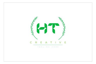 HT Green Minimalist Logo Tasarımı Doğal Yapraklar ve Metin Elementleri. Taze doğa ve sağlıklı yaprak logosu tasarımı.