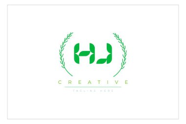 HJ Green Minimalist Logo Tasarımı Doğal Yapraklar ve Metin Elementleri. Taze doğa ve sağlıklı yaprak logosu tasarımı.