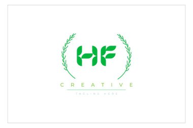 Doğal Yapraklar ve Metin Elementleri içeren HF Yeşil Minimalist Logo Tasarımı. Taze doğa ve sağlıklı yaprak logosu tasarımı.