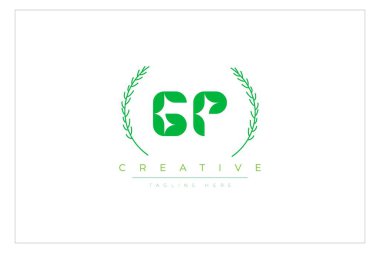 GP Yeşil Minimalist Logo Tasarımı Doğal Yapraklar ve Metin Elementleri. Taze doğa ve sağlıklı yaprak logosu tasarımı.