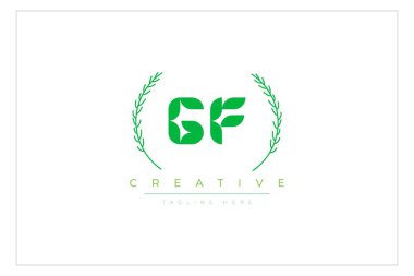 Doğal Yapraklar ve Metin Elementleri içeren GF Yeşil Minimalist Logo Tasarımı. Taze doğa ve sağlıklı yaprak logosu tasarımı.