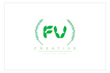 FV Green Minimalist Logo Tasarımı Doğal Yapraklar ve Metin Elementleri. Taze doğa ve sağlıklı yaprak logosu tasarımı.