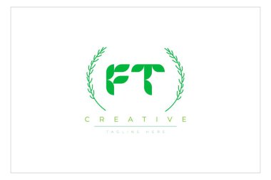 FT Green Minimalist Logo Tasarımı Doğal Yapraklar ve Metin Elementleri. Taze doğa ve sağlıklı yaprak logosu tasarımı.
